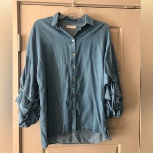 ZARA denim ruffle sleeve button shirt